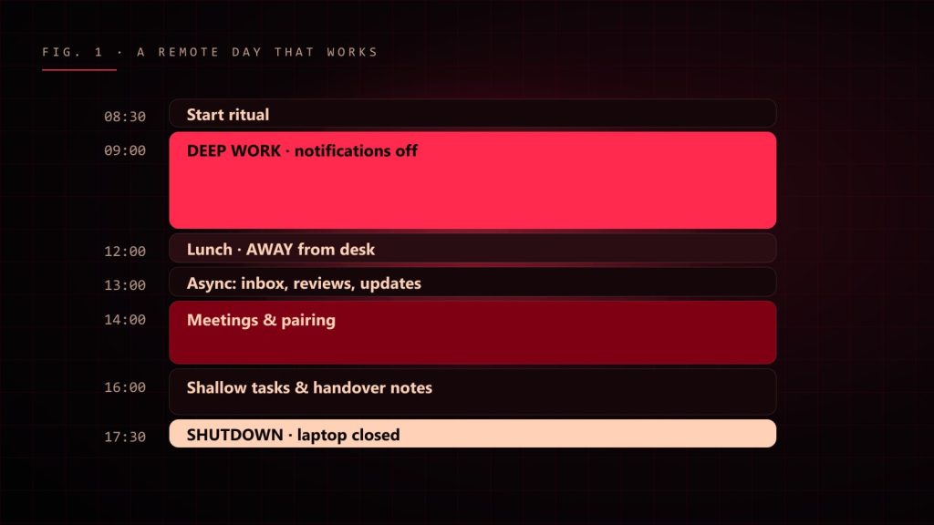 Timeline of a productive remote day from start ritual to shutdown